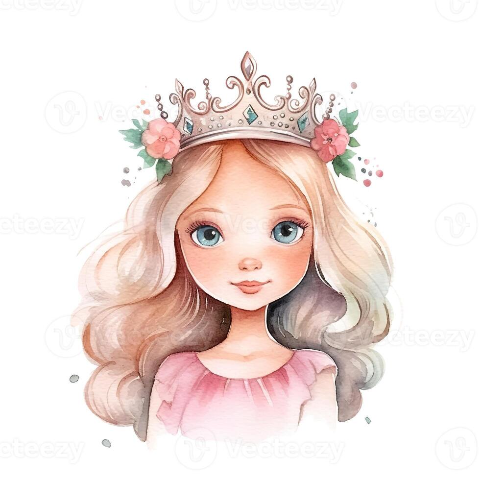 watercolor portrait of a cute cartoon princess with blond hair, in a crown and a pink dress, on a white background. can be used for card or invitation. photo