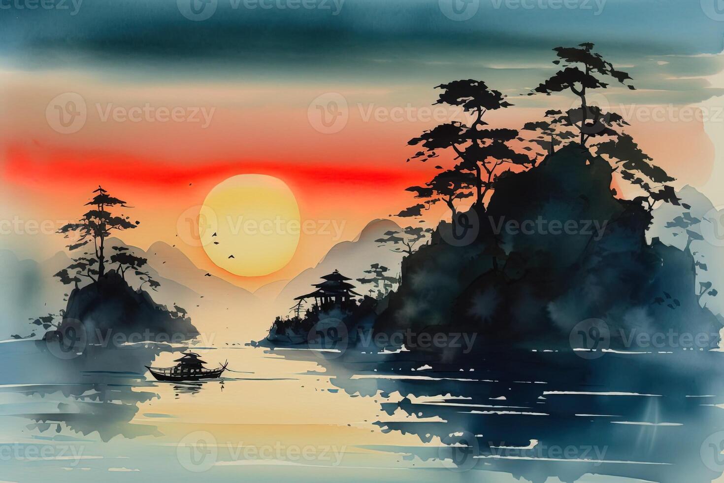 Sunset on a lake with rocky islands watercolor landscape. . photo