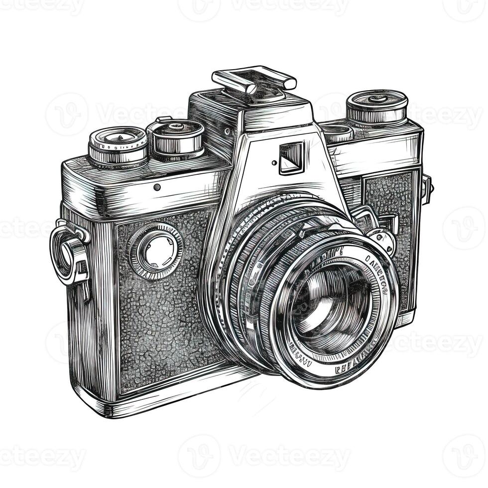 Ink line drawing of an old film camera. . photo