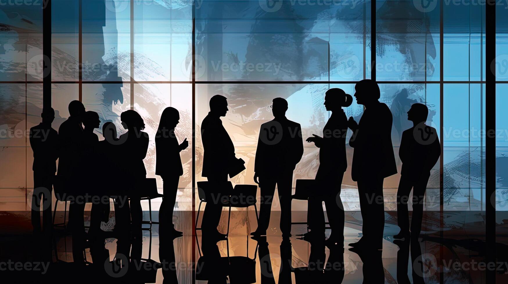 Silhouettes of Group of Business People in Office Building. . photo