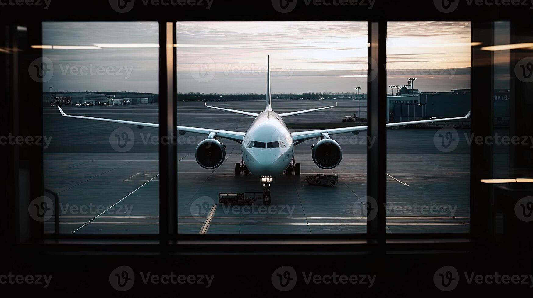 Airplane behind a big window in an airport. . photo