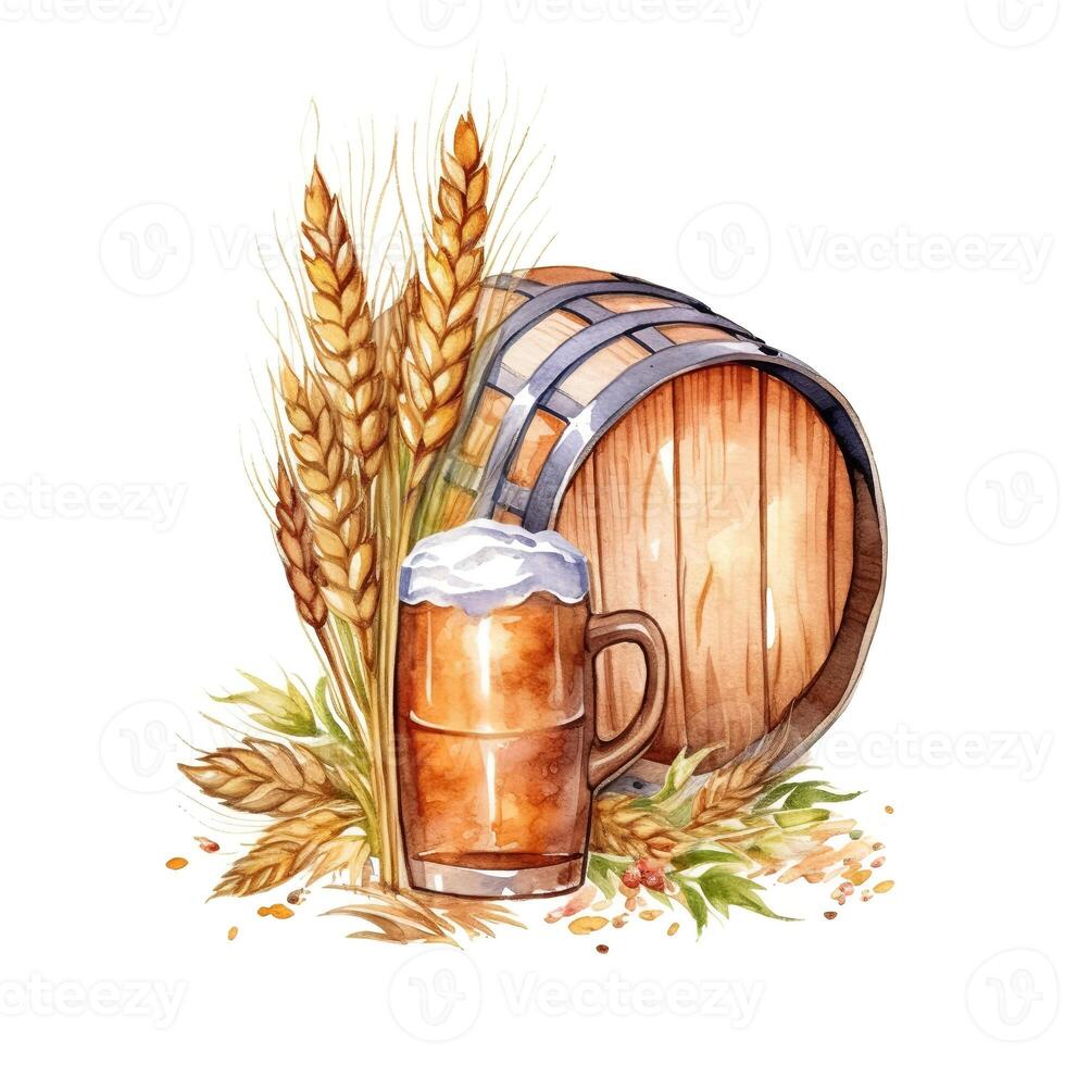 watercolor glass of beer with foam, wooden barrel, ears of wheat, isolated on white background. photo