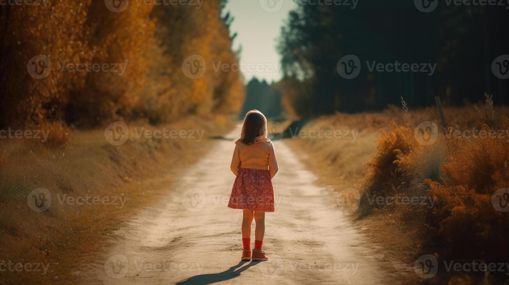 solitario pequeño niña en un vacío bosque la carretera. generado ai. foto