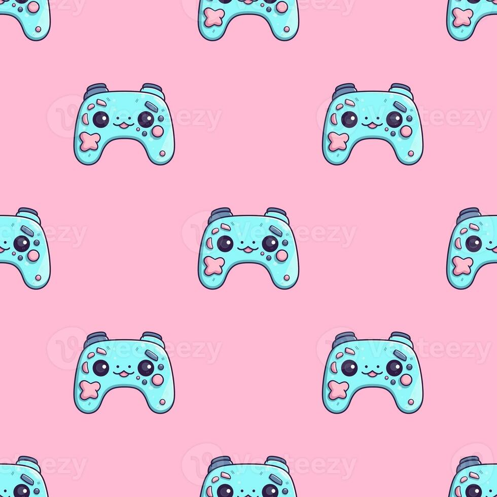 Seamless pattern with cute blue cartoon gamepad on a pink background. . photo