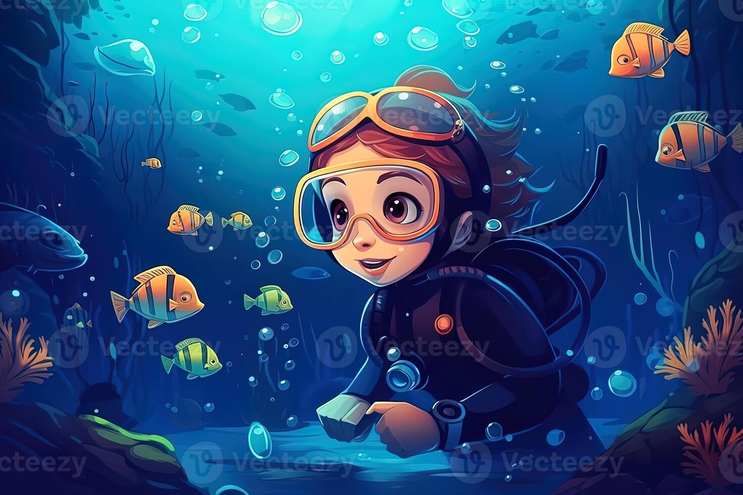 Cartoon style scuba diver in the sea surrounded by colorful fish. . photo