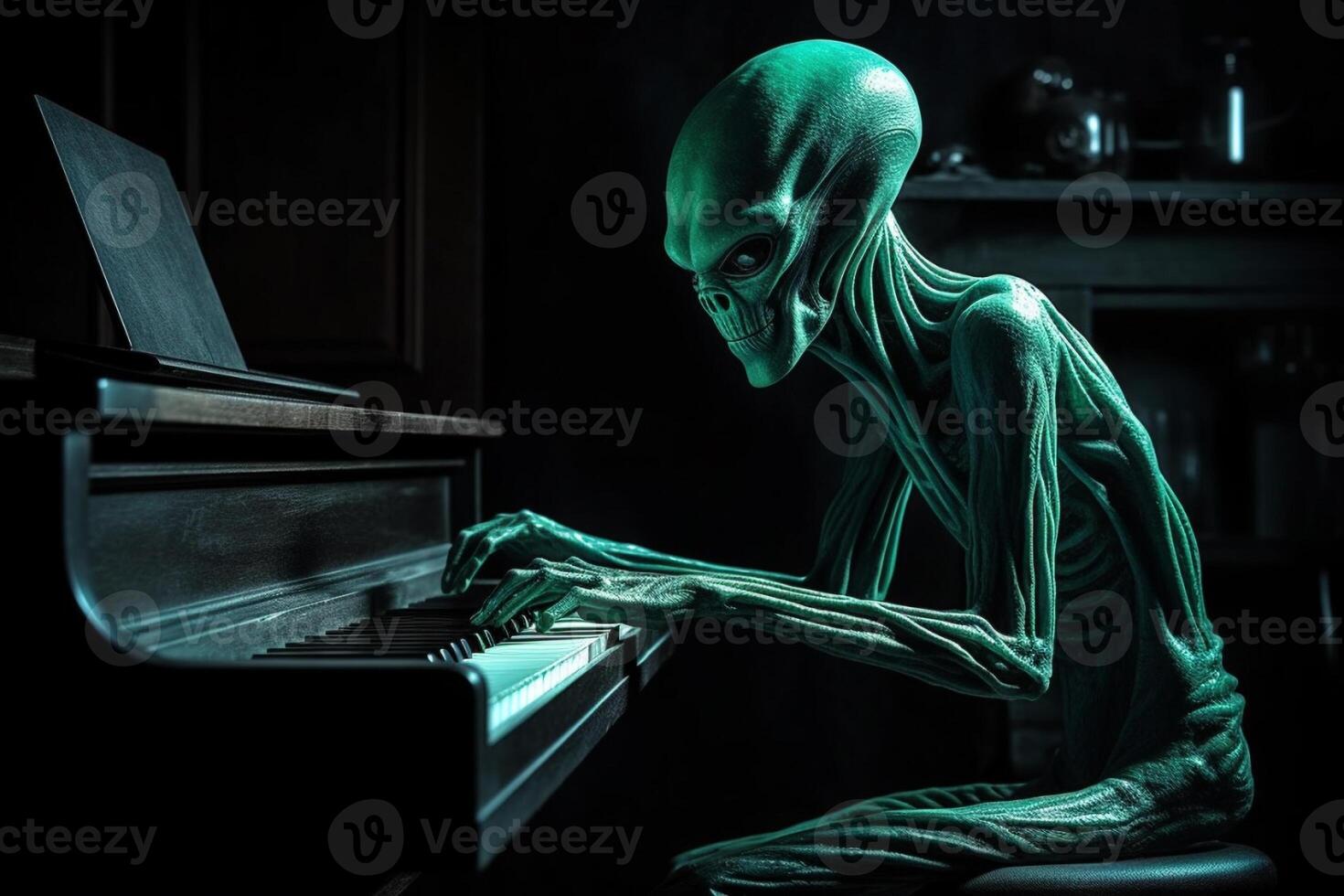 feo y de miedo mirando extraterrestre extraterrestre jugando un piano. ai generado foto