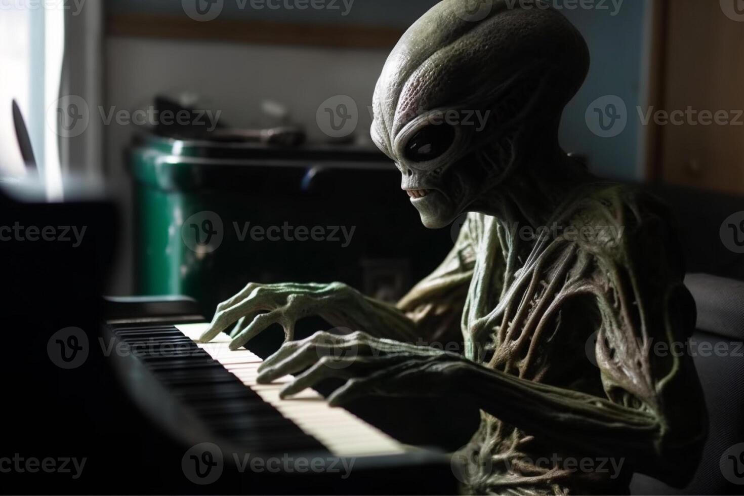 feo y de miedo mirando extraterrestre extraterrestre jugando un piano. ai generado foto