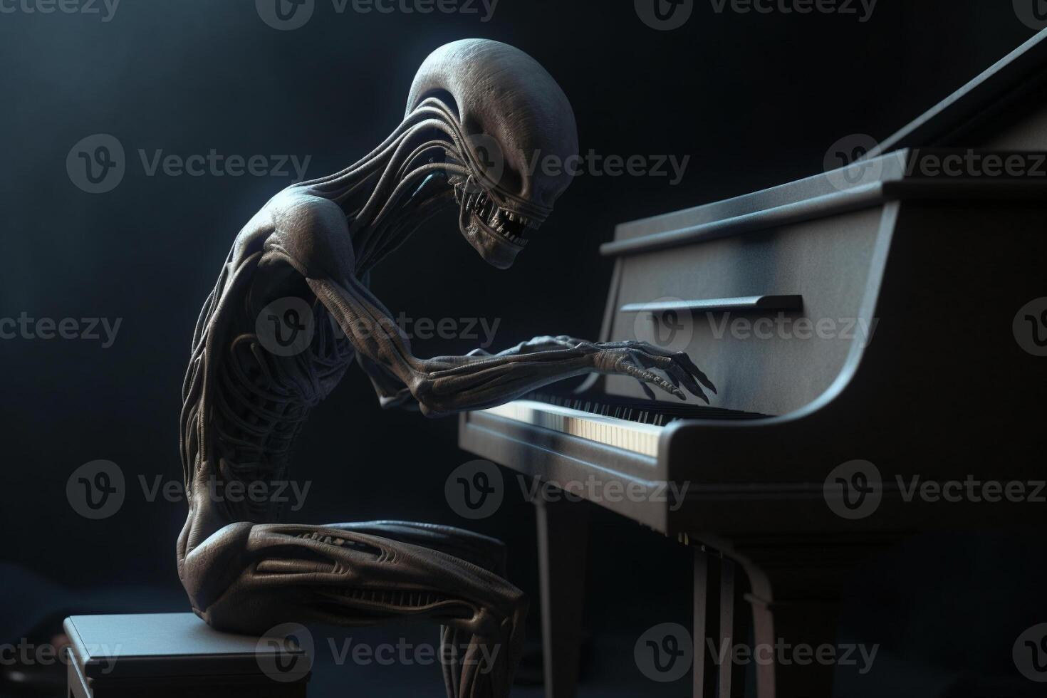 Ugly and scary looking extraterrestrial alien playing a piano. photo
