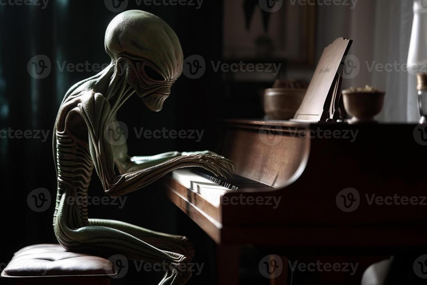 Ugly and scary looking extraterrestrial alien playing a piano. photo