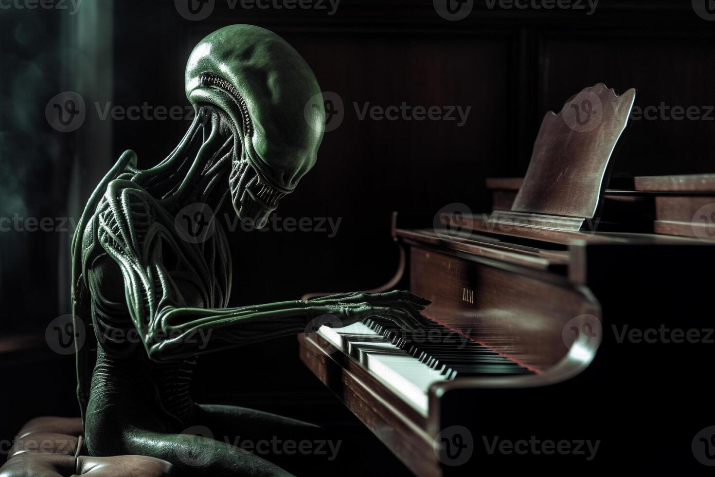 Ugly and scary looking extraterrestrial alien playing a piano. photo