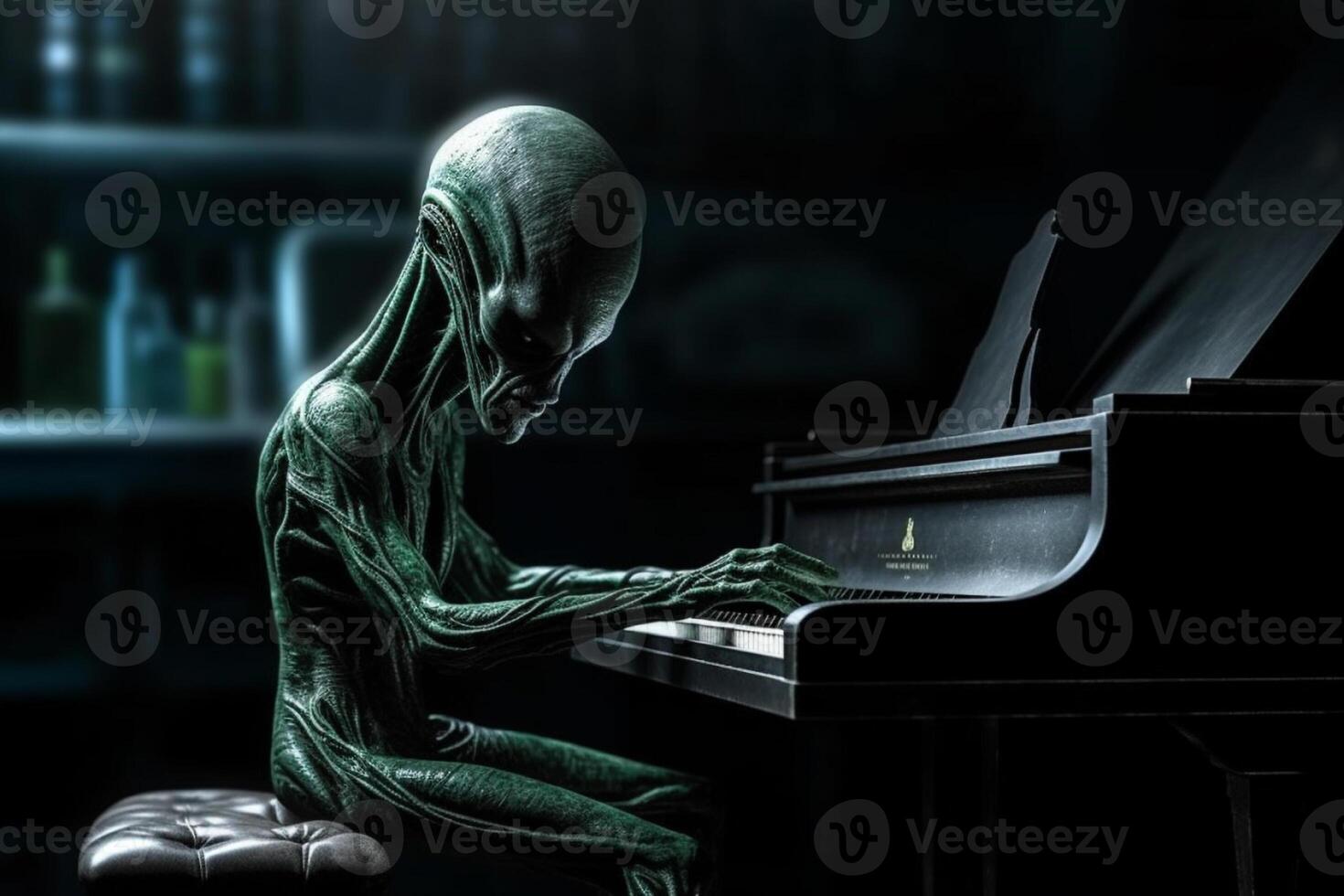 Ugly and scary looking extraterrestrial alien playing a piano. photo