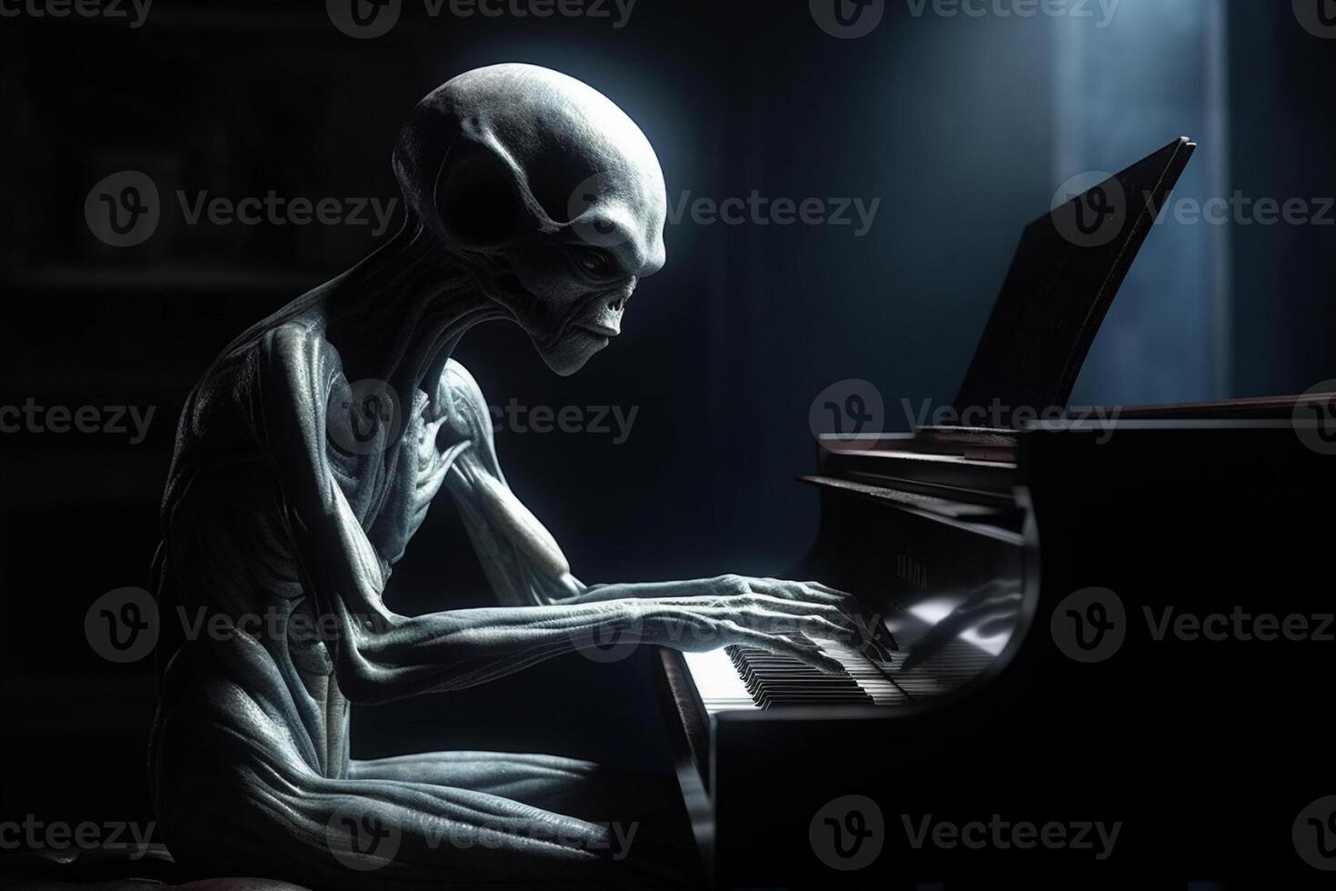 Ugly and scary looking extraterrestrial alien playing a piano. photo