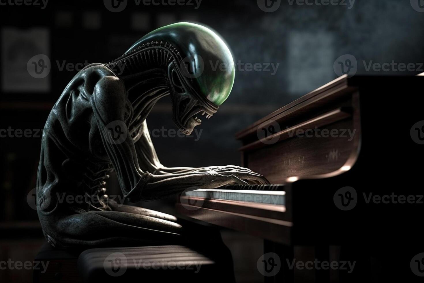 Ugly and scary looking extraterrestrial alien playing a piano. photo