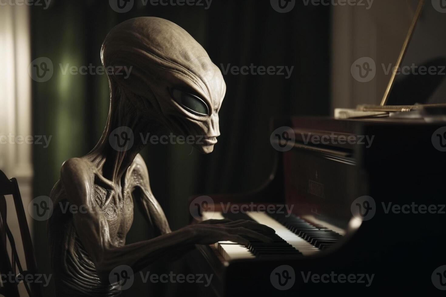 feo y de miedo mirando extraterrestre extraterrestre jugando un piano. ai generado foto