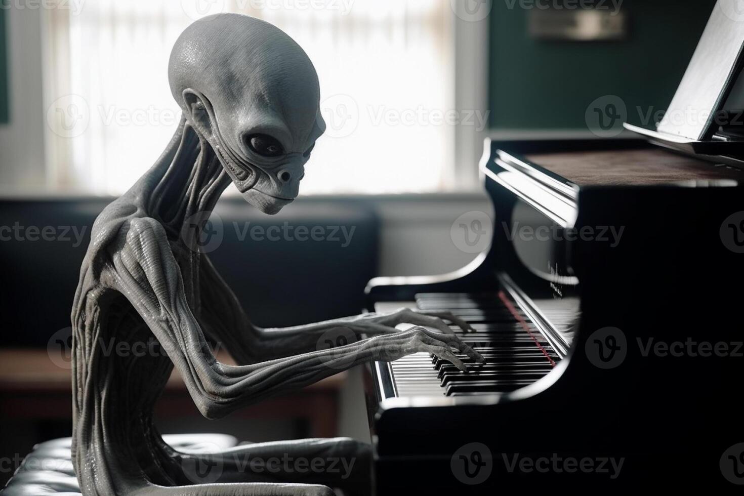 Ugly and scary looking extraterrestrial alien playing a piano. photo