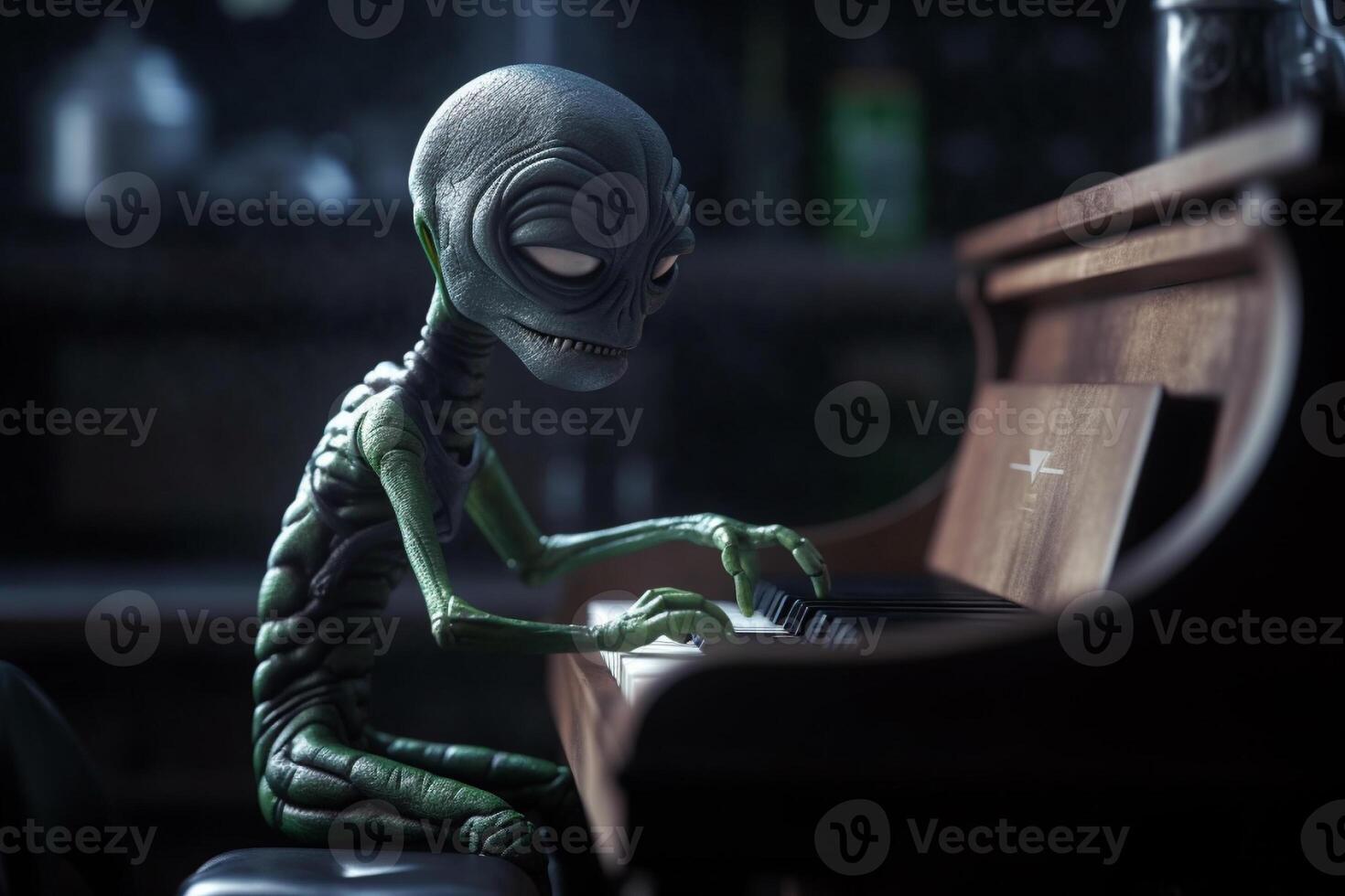 Ugly and scary looking extraterrestrial alien playing a piano. photo