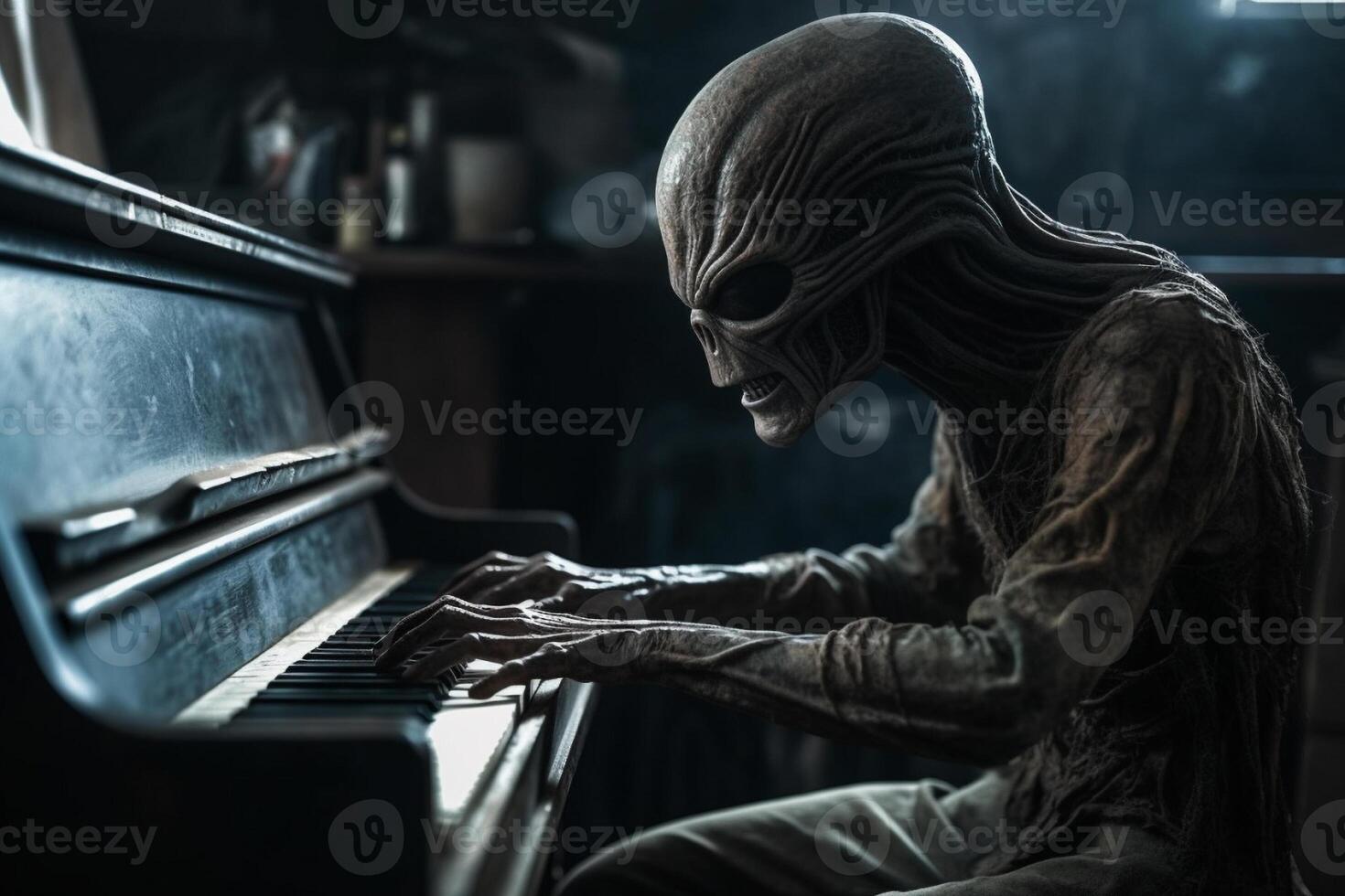 Ugly and scary looking extraterrestrial alien playing a piano. photo