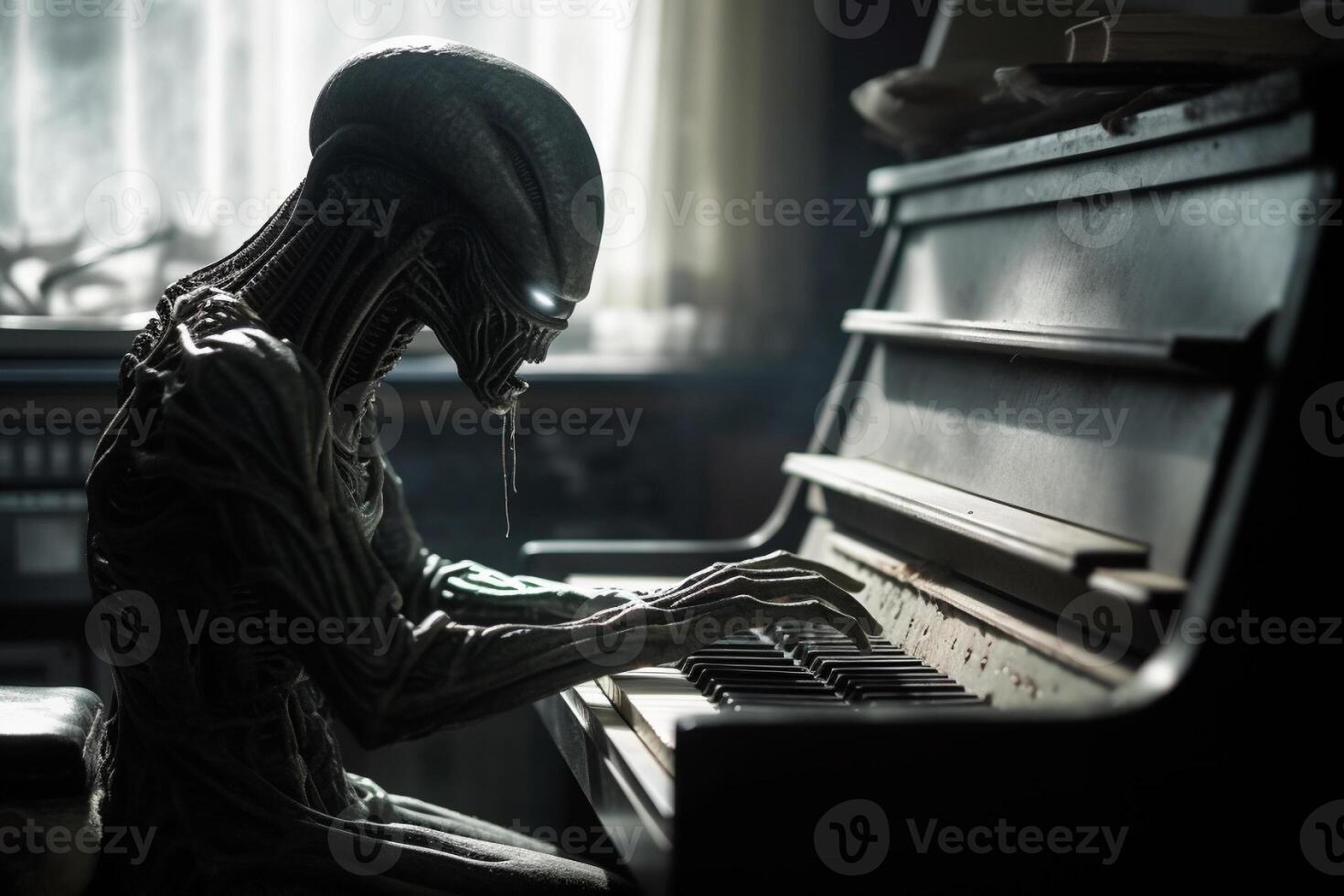Ugly and scary looking extraterrestrial alien playing a piano. photo