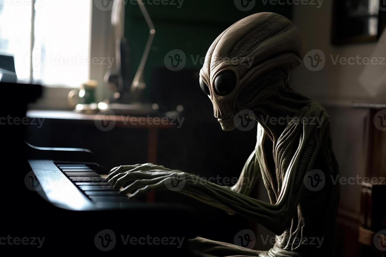 Ugly and scary looking extraterrestrial alien playing a piano. photo