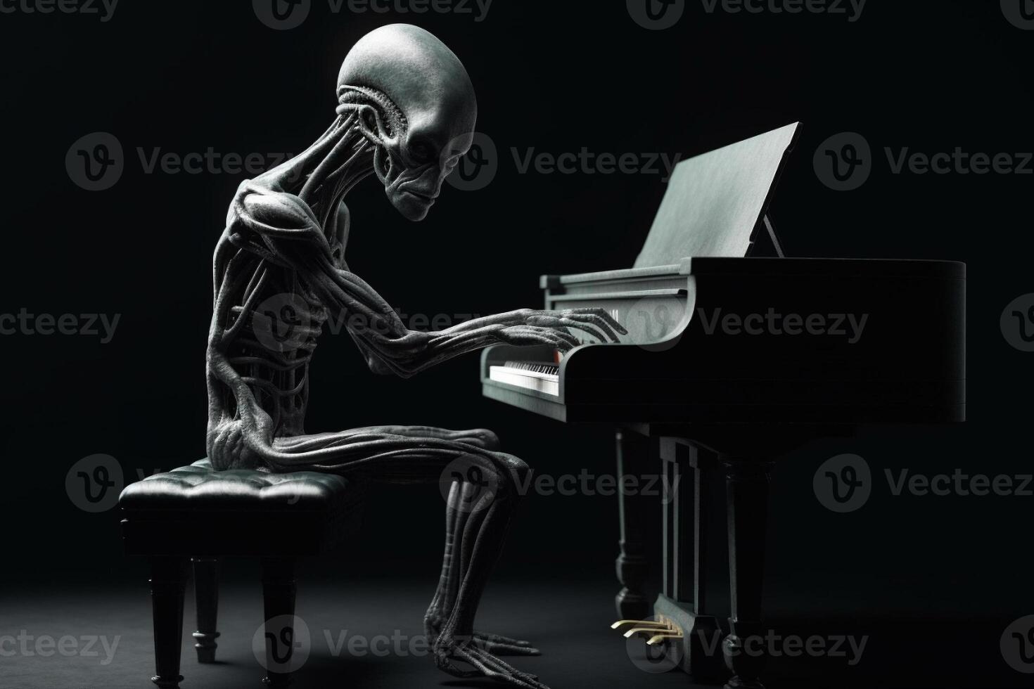 Ugly and scary looking extraterrestrial alien playing a piano. photo