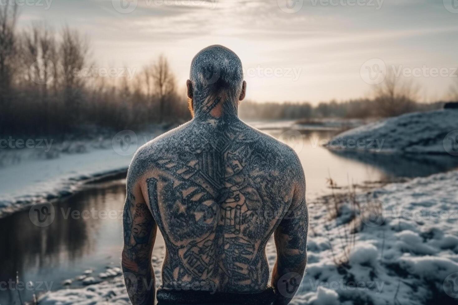 Icelandic man with his back covered in tattoos outside in frozen winter. photo