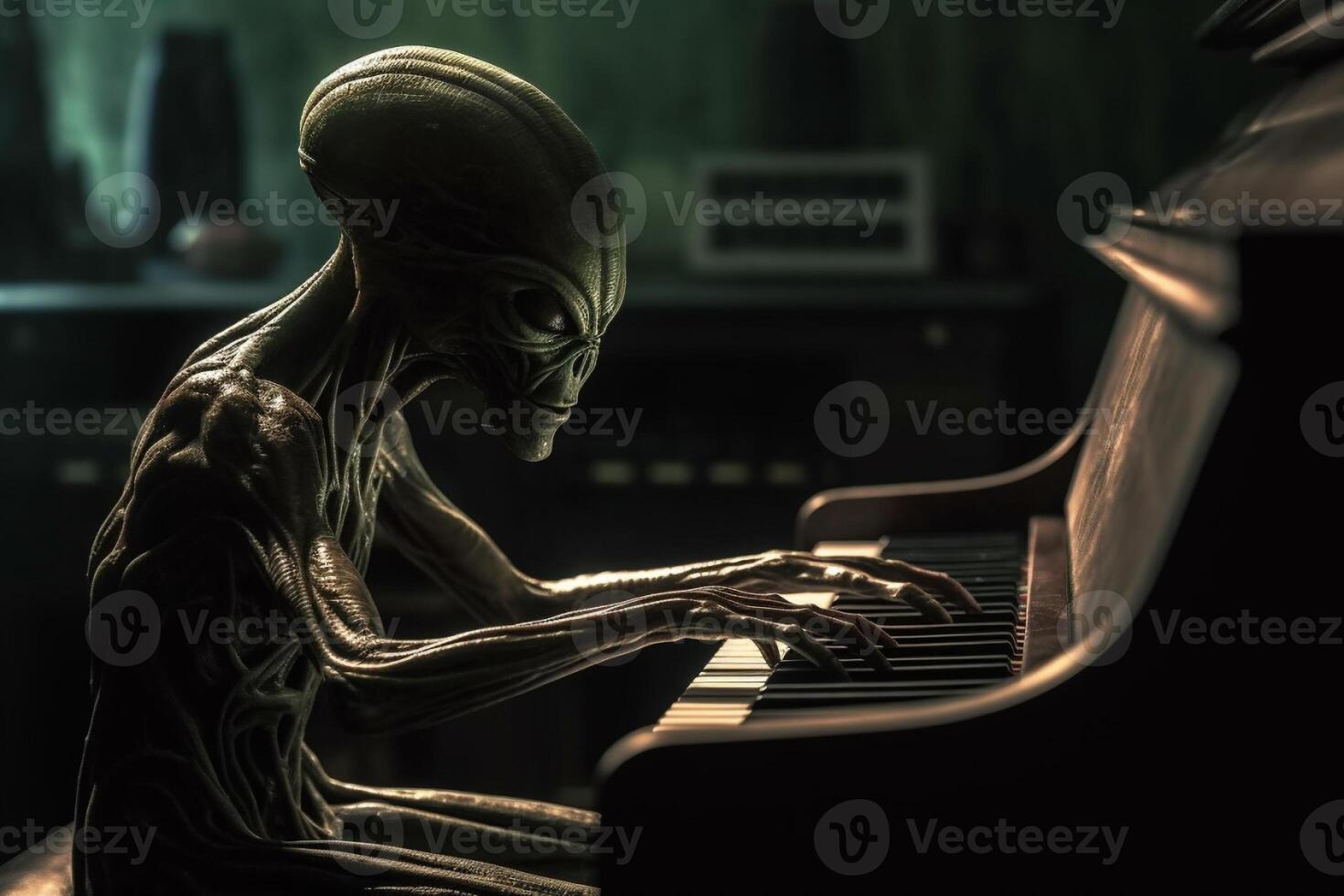 Ugly and scary looking extraterrestrial alien playing a piano. photo
