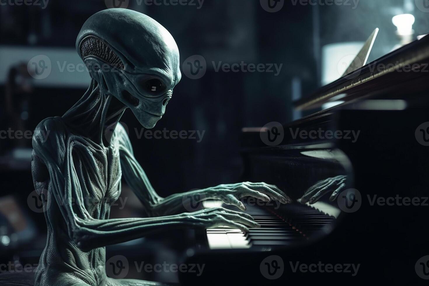 Ugly and scary looking extraterrestrial alien playing a piano. photo