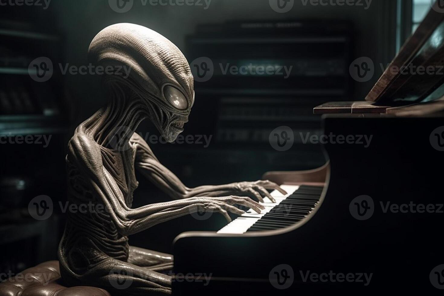 Ugly and scary looking extraterrestrial alien playing a piano. photo