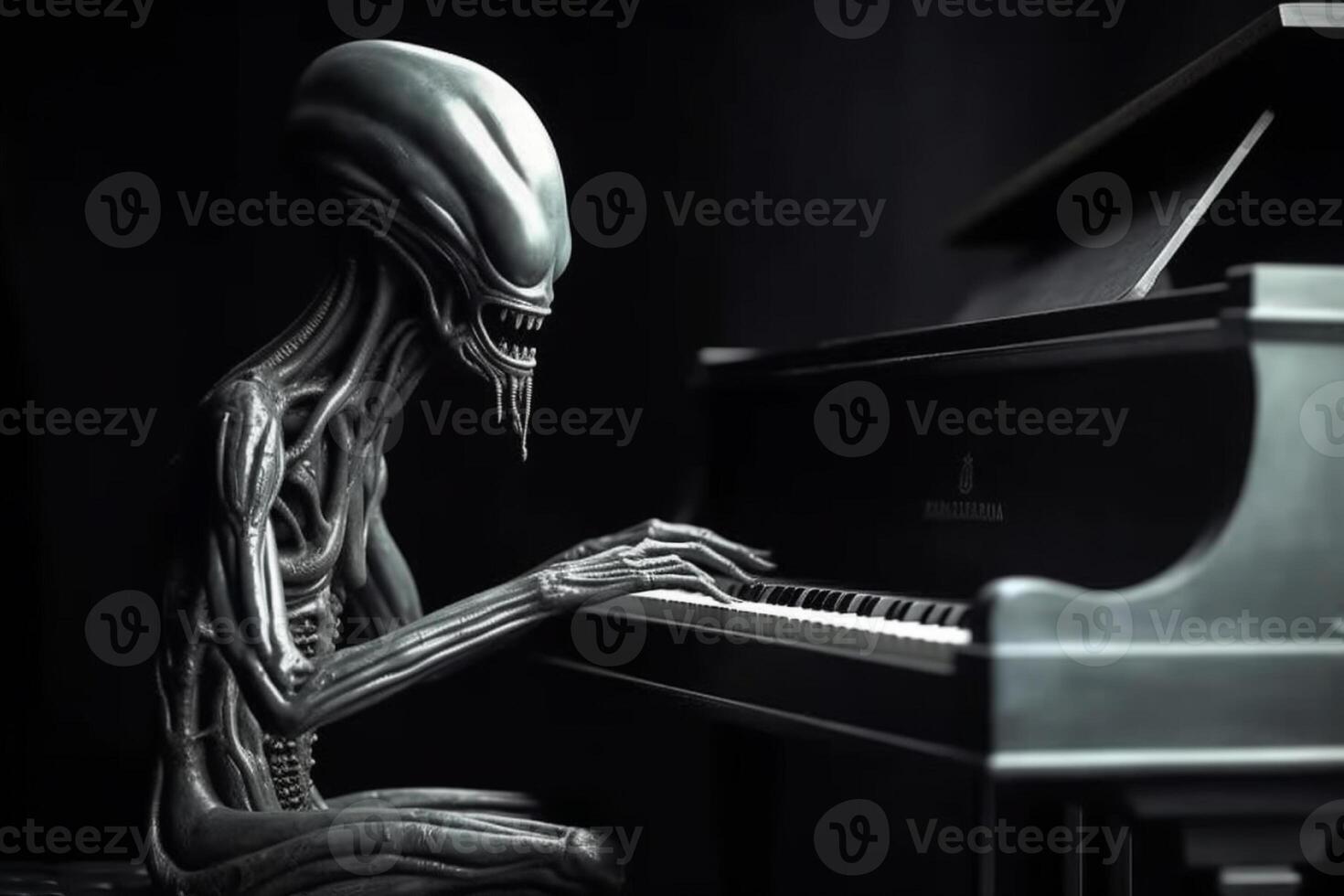 Ugly and scary looking extraterrestrial alien playing a piano. photo