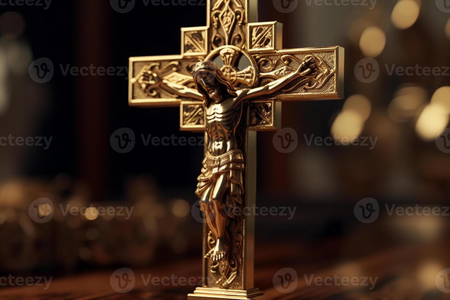 Golden cross of Jesus Christ crucified. Religion and Christianity concept. photo