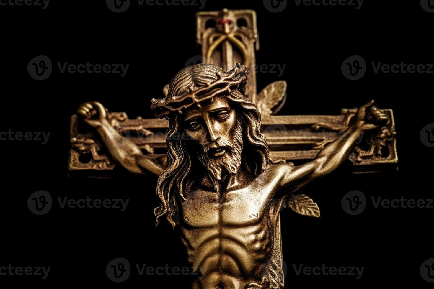 dorado cruzar de Jesús Cristo crucificado. religión y cristiandad concepto. ai generado foto