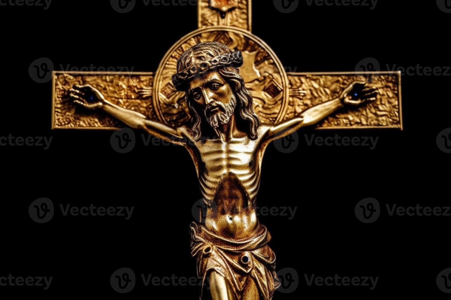 Golden cross of Jesus Christ crucified. Religion and Christianity concept. photo