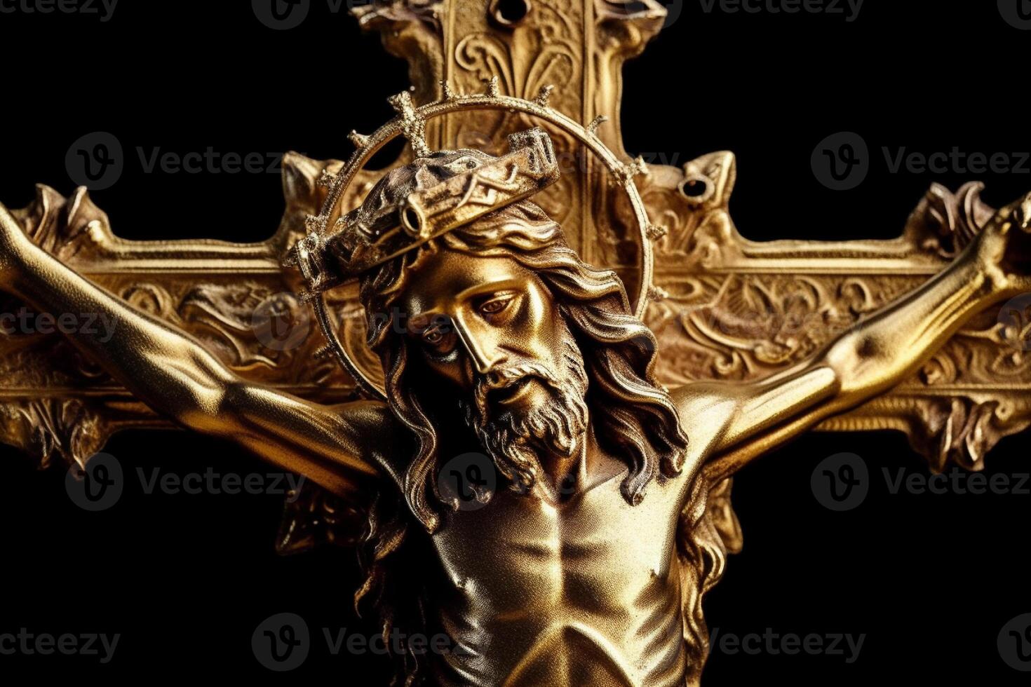 dorado cruzar de Jesús Cristo crucificado. religión y cristiandad concepto. ai generado foto