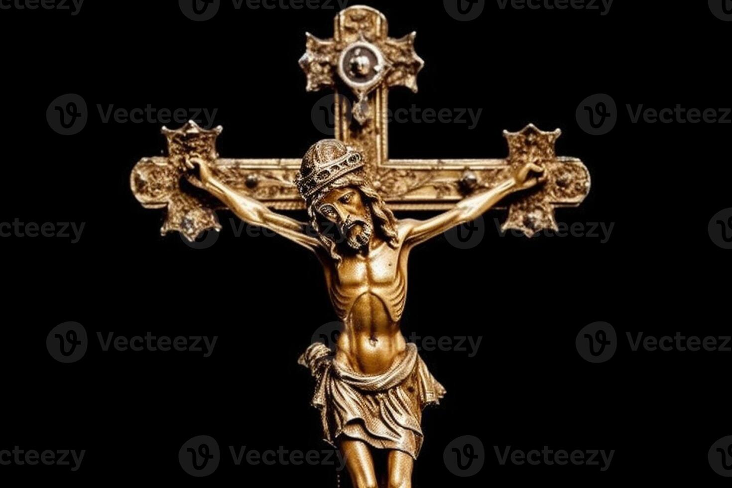 Golden cross of Jesus Christ crucified. Religion and Christianity concept. photo