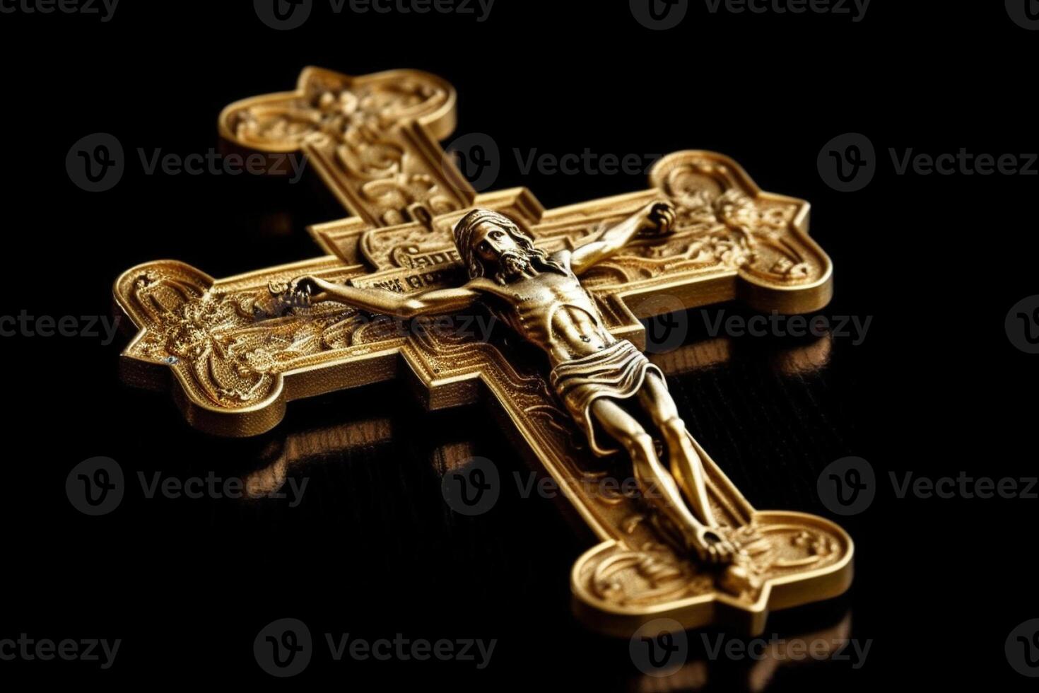 Golden cross of Jesus Christ crucified. Religion and Christianity concept. photo