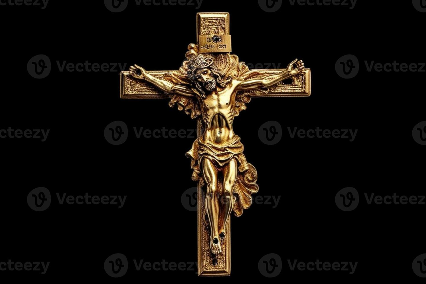 dorado cruzar de Jesús Cristo crucificado. religión y cristiandad concepto. ai generado foto