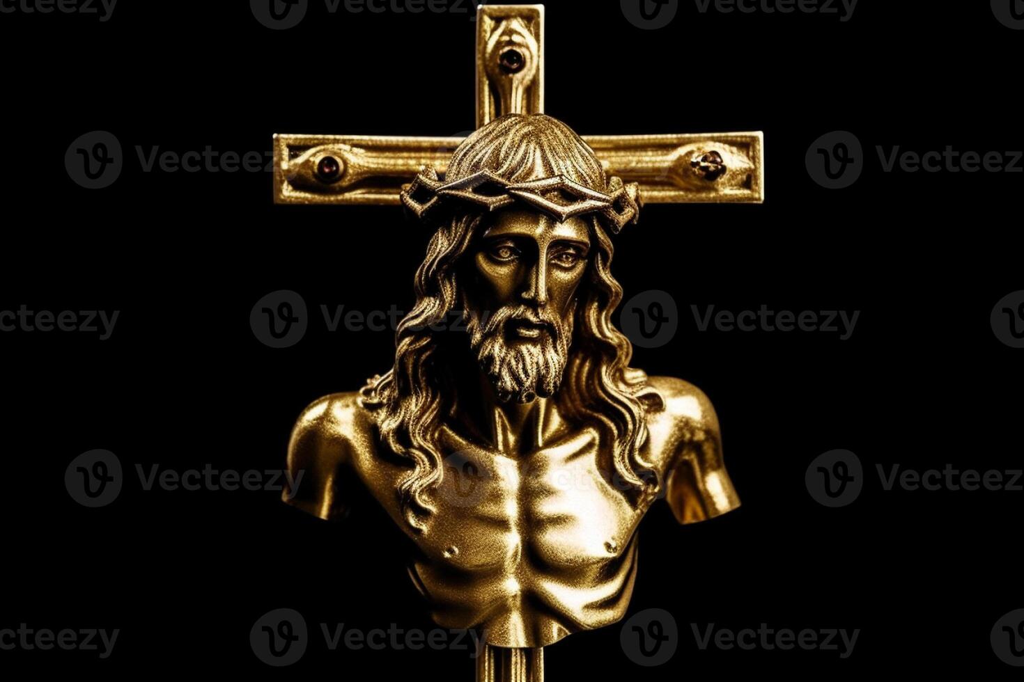 Golden cross of Jesus Christ crucified. Religion and Christianity concept. photo