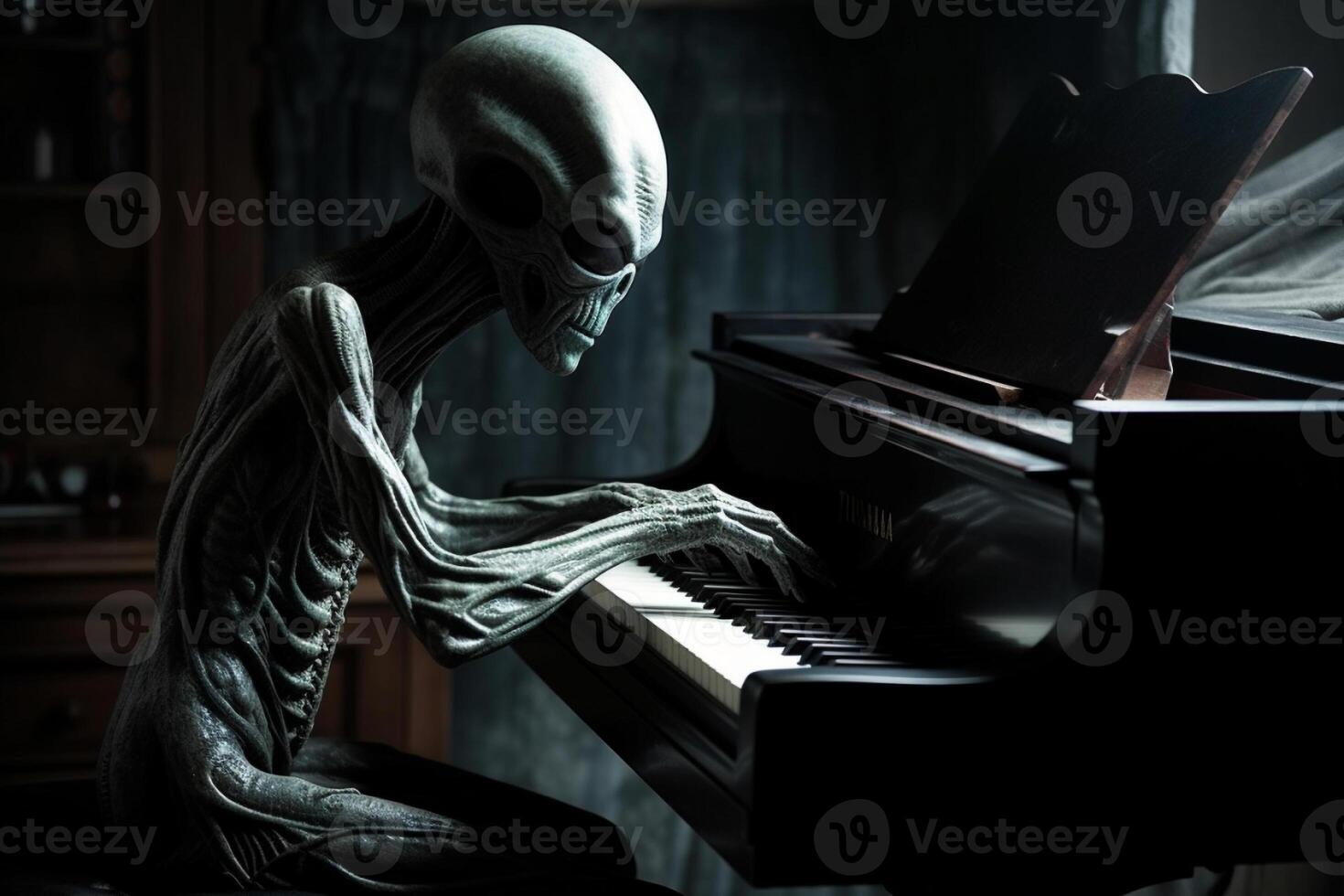 Ugly and scary looking extraterrestrial alien playing a piano. photo