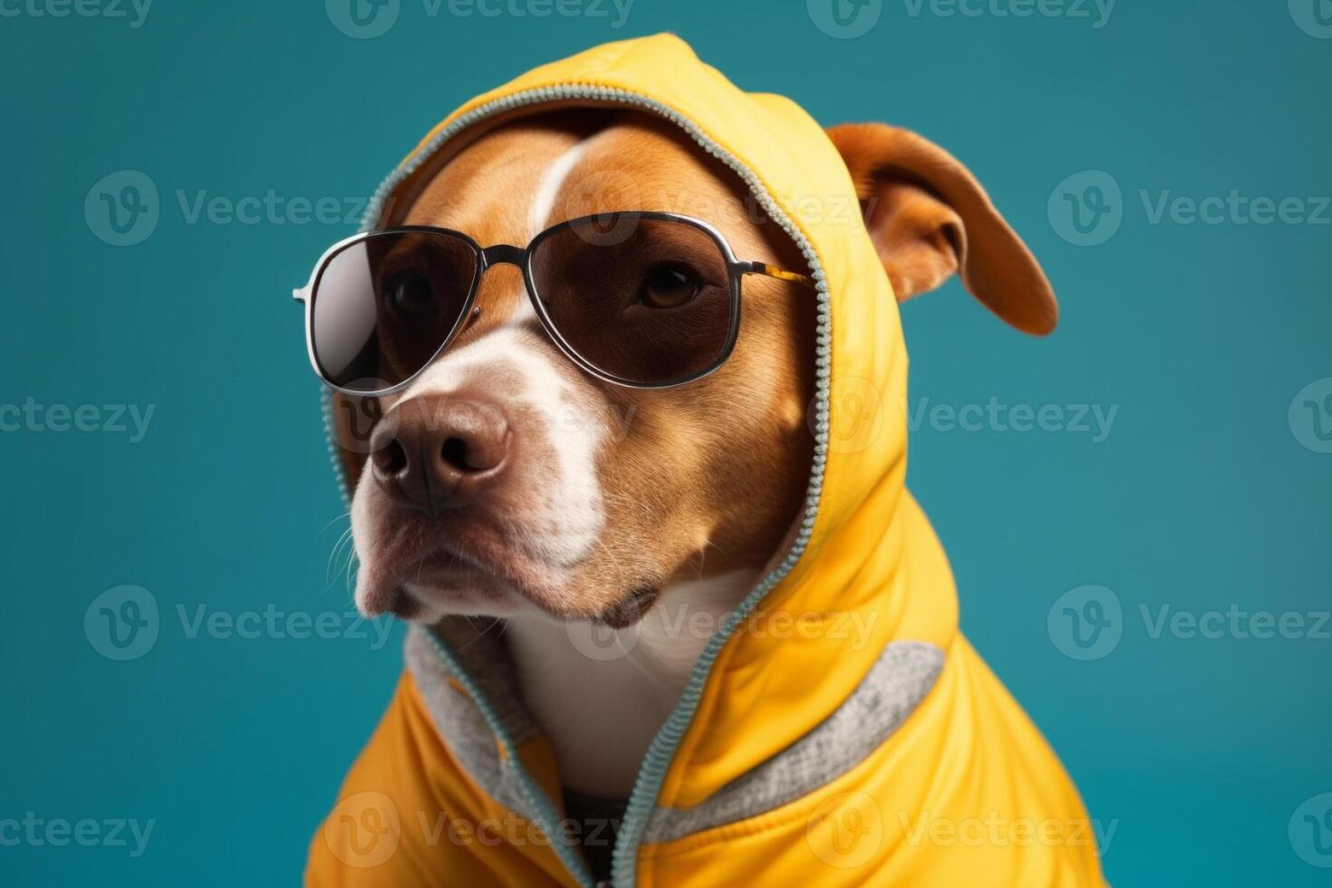 Cool and funny dog in a yellow hoodie with sunglasses isolated on a blue background. photo