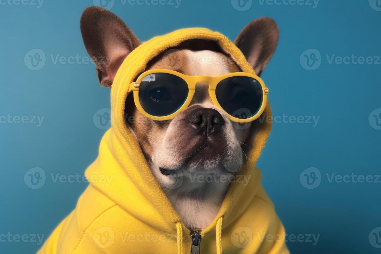 Cool and funny dog in a yellow hoodie with sunglasses isolated on a