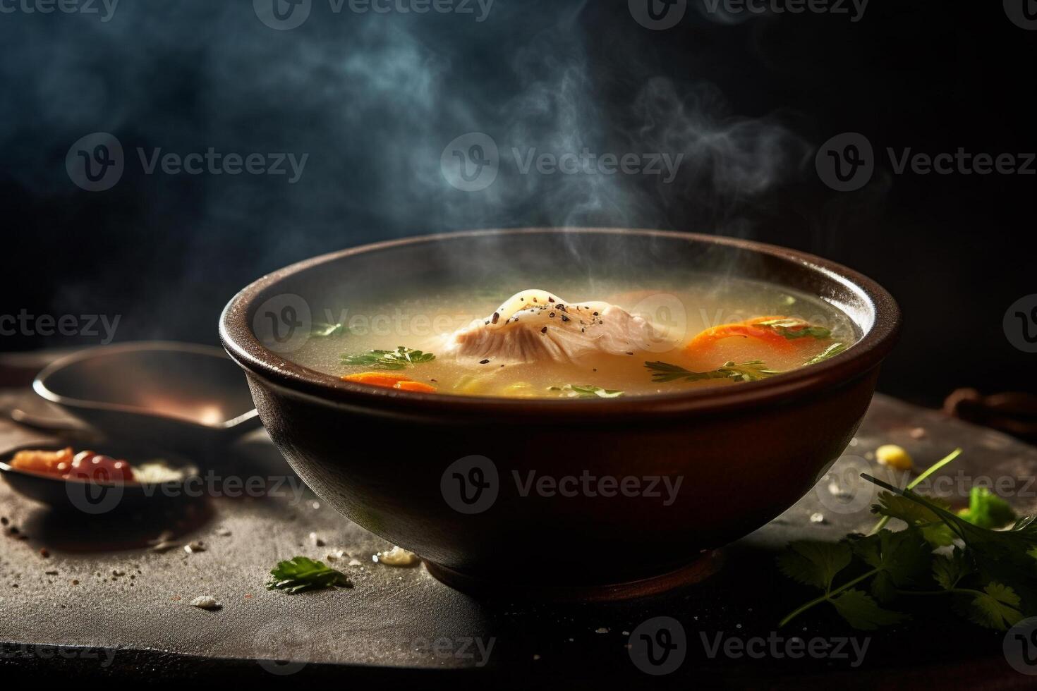 caliente delicioso pollo sopa producto fotografía con natural Encendiendo. ai generado foto