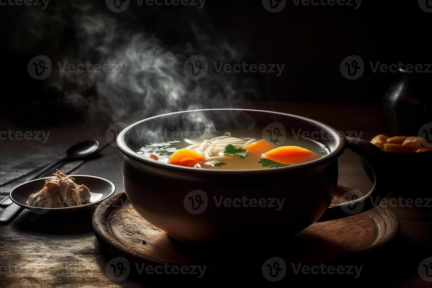 Hot delicious chicken soup product photography with natural lighting. photo