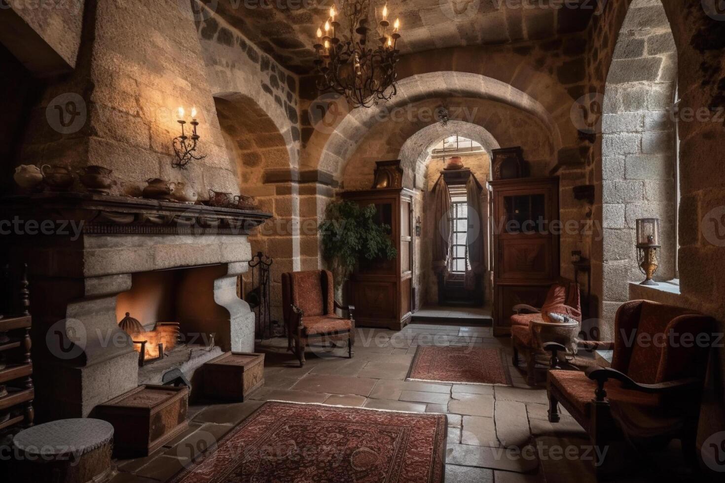 Cozy fireplace in a room in a medieval gothic castle. photo