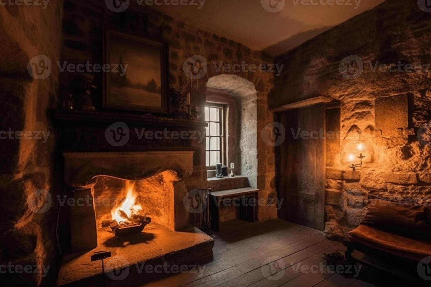 Cozy fireplace in a room in a medieval gothic castle. photo