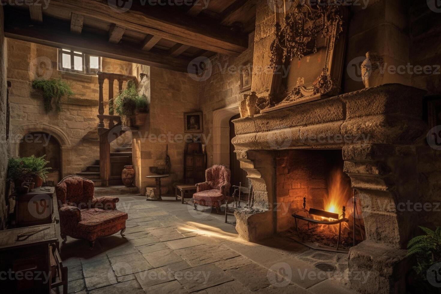 acogedor hogar en un habitación en un medieval gótico castillo. ai generado foto