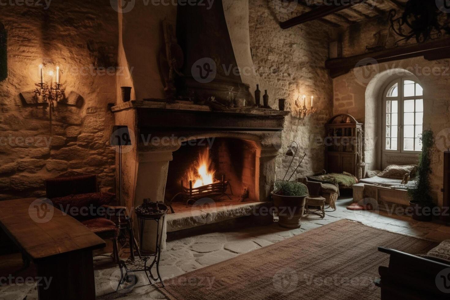 acogedor hogar en un habitación en un medieval gótico castillo. ai generado foto