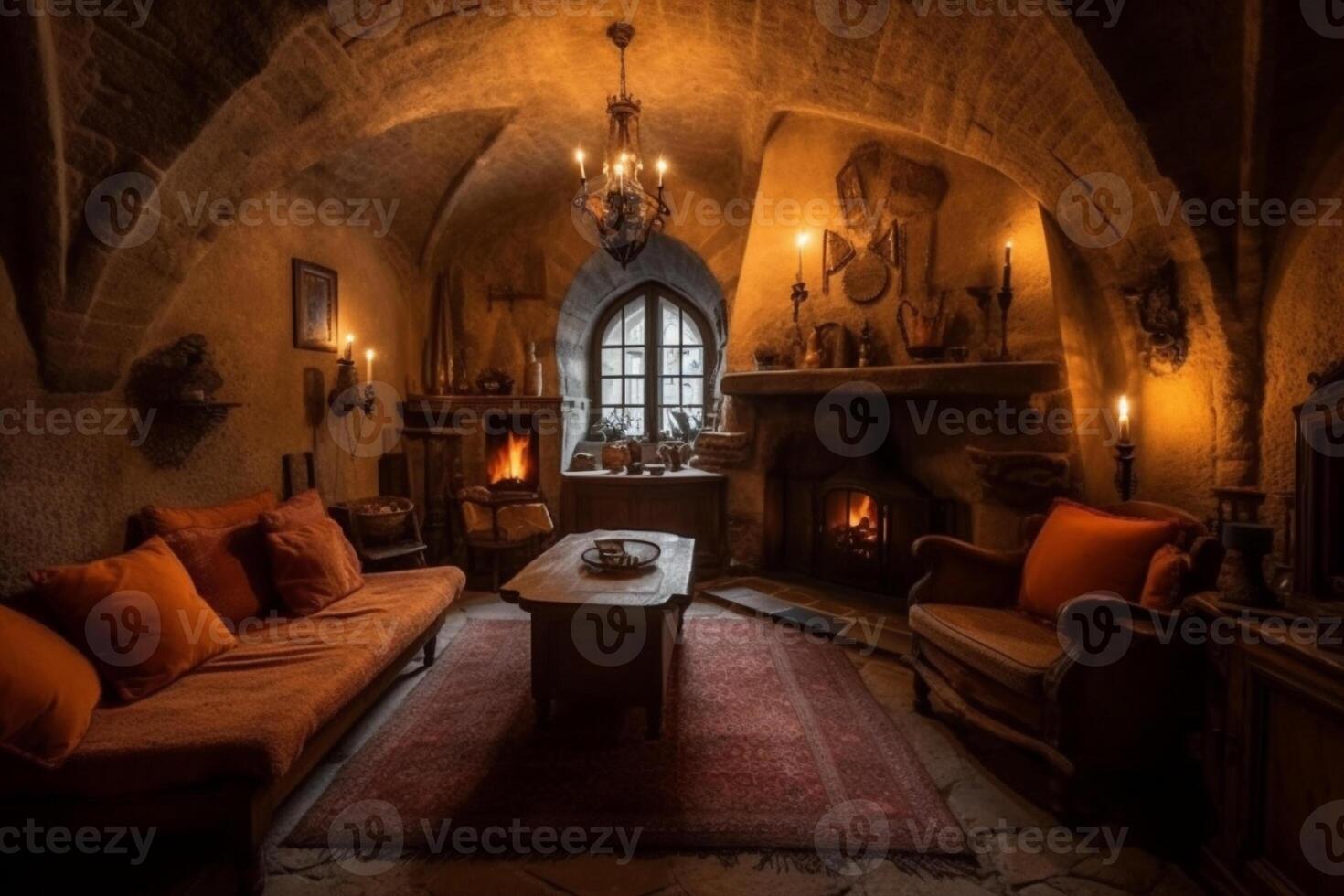 Cozy fireplace in a room in a medieval gothic castle. photo