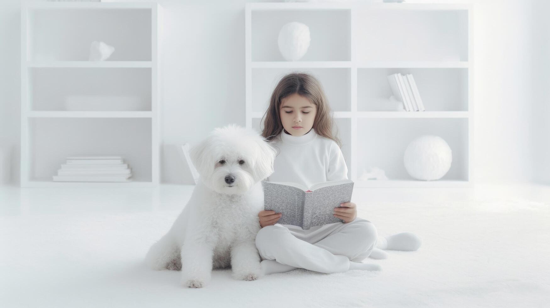 niño lee libro con perro. ilustración ai generativo foto