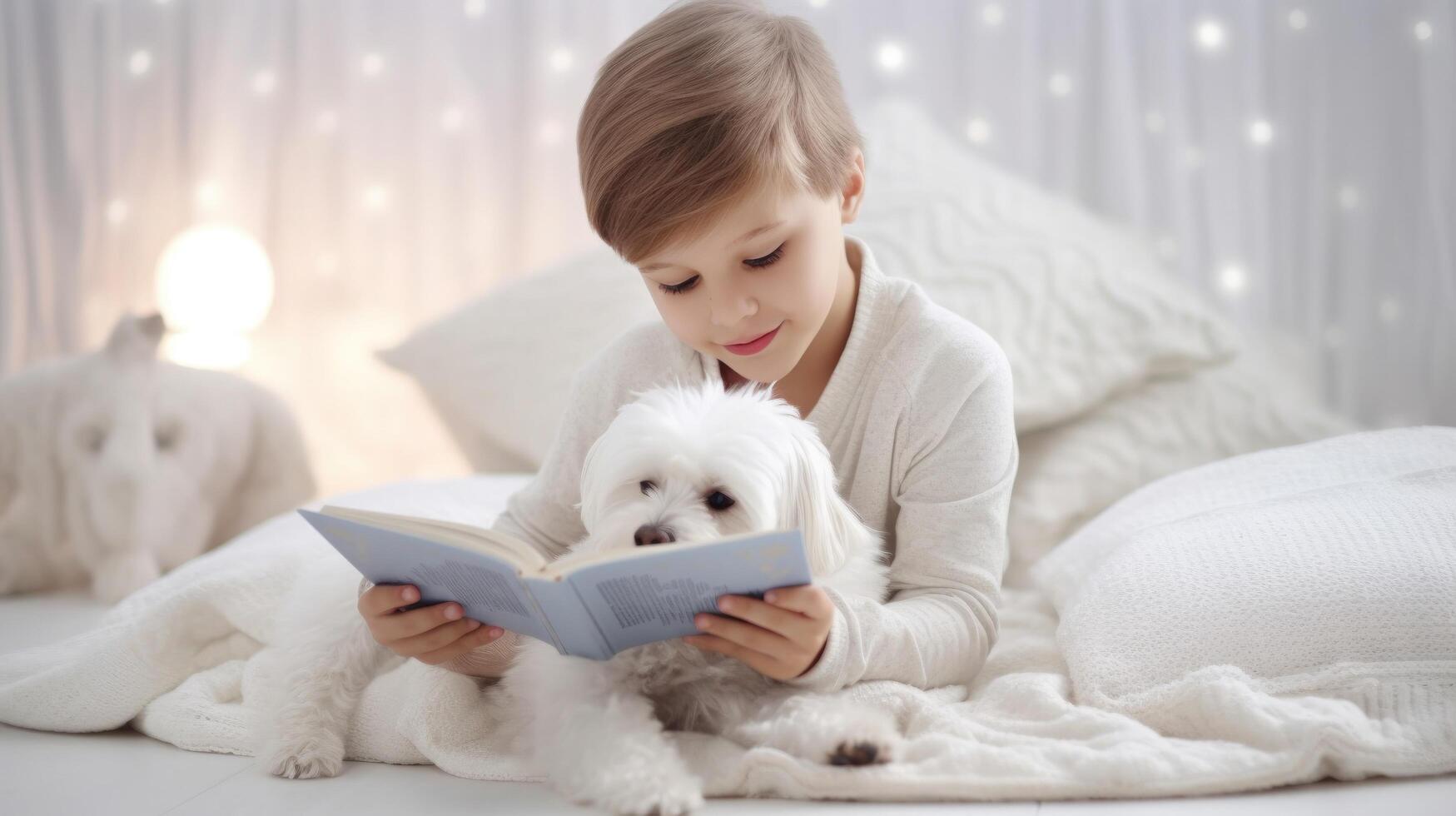 niño lee libro con perro. ilustración ai generativo foto