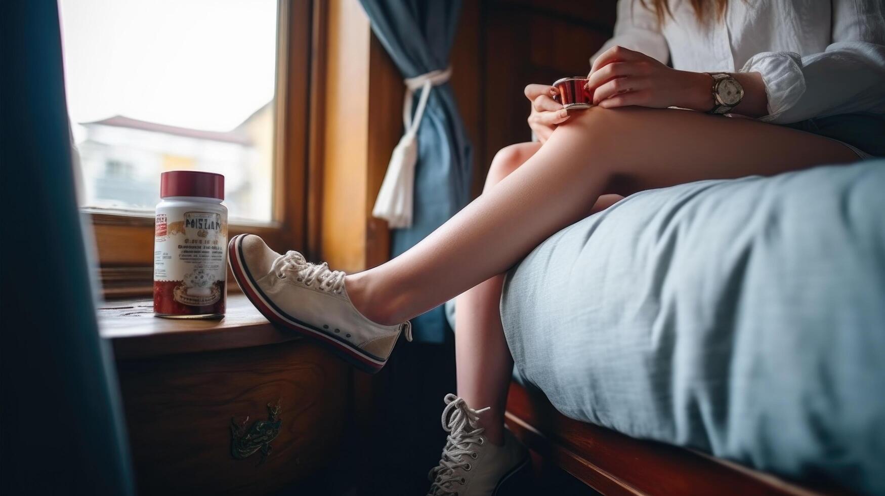 mujer aplicando cuerpo crema en pierna en dormitorio. ilustración ai generativo foto